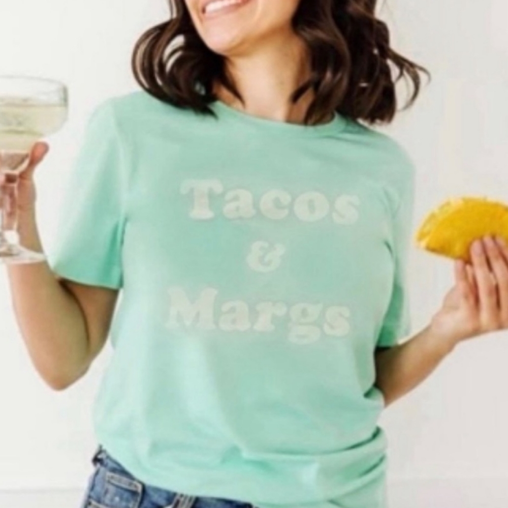 WILDFOX Happy Hour Tacos & Margs Mint Distressed Relaxed Fit Tee S
